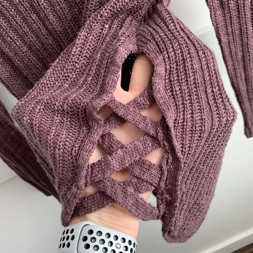 Pink Republic Purple V-Neck Sweater Lace Up Side - Image 5