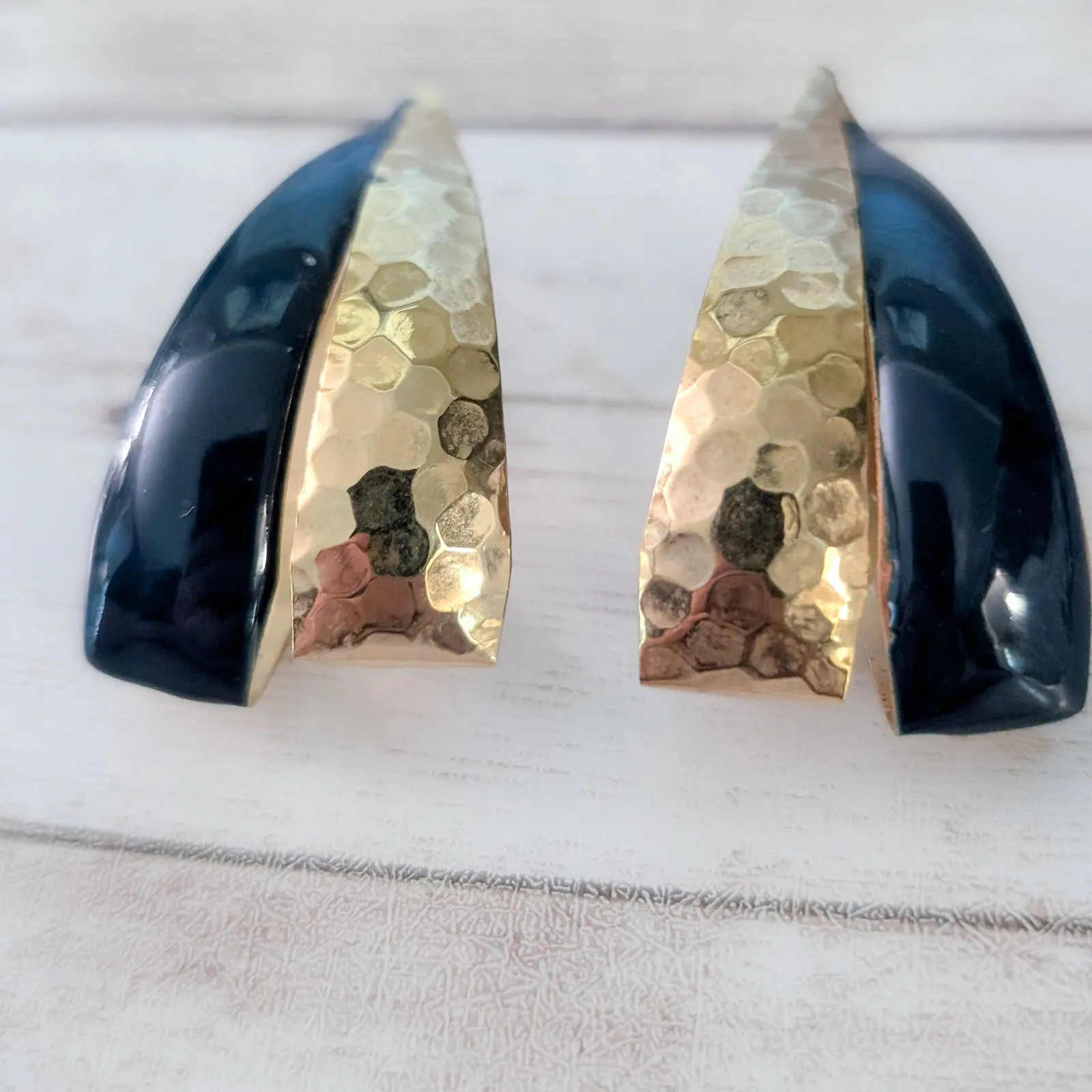 Vintage Stud Earrings Extra Large Statement Gold Tone & Dark Blue - Image 3