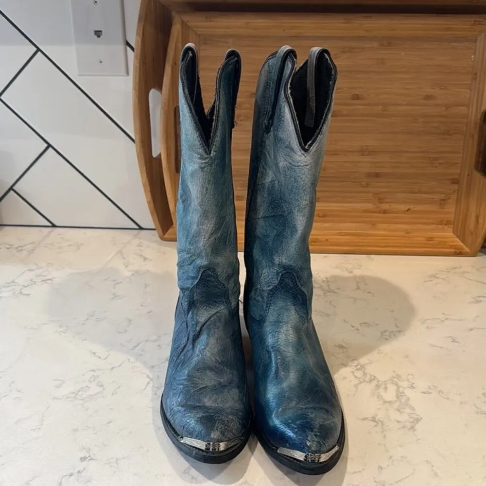 Vintage leather blue silver cap toe pull on western boots size 8.5 NFR 90s - Image 2