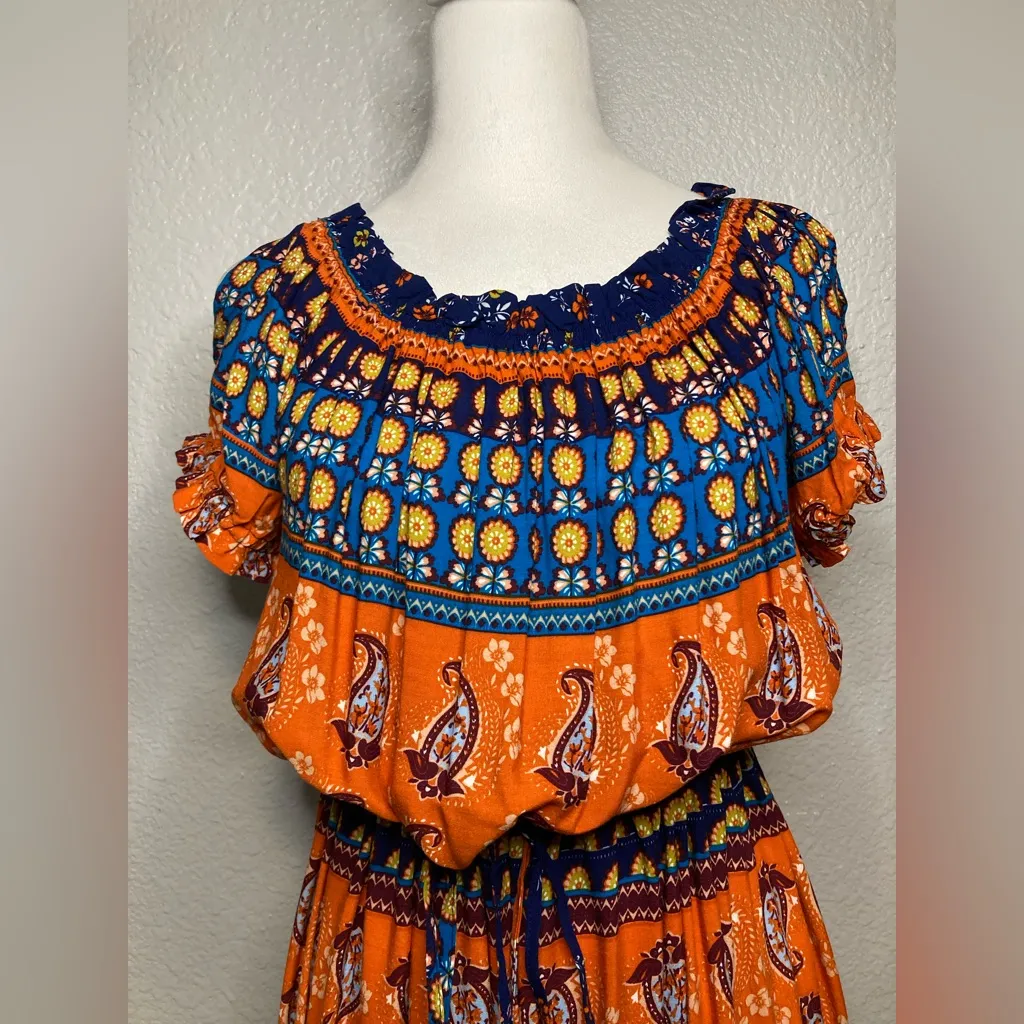 Umgee USA Maxi Dress L Boho Floral Paisley Colorblock Cold Off The Shoulder NWT - Image 2