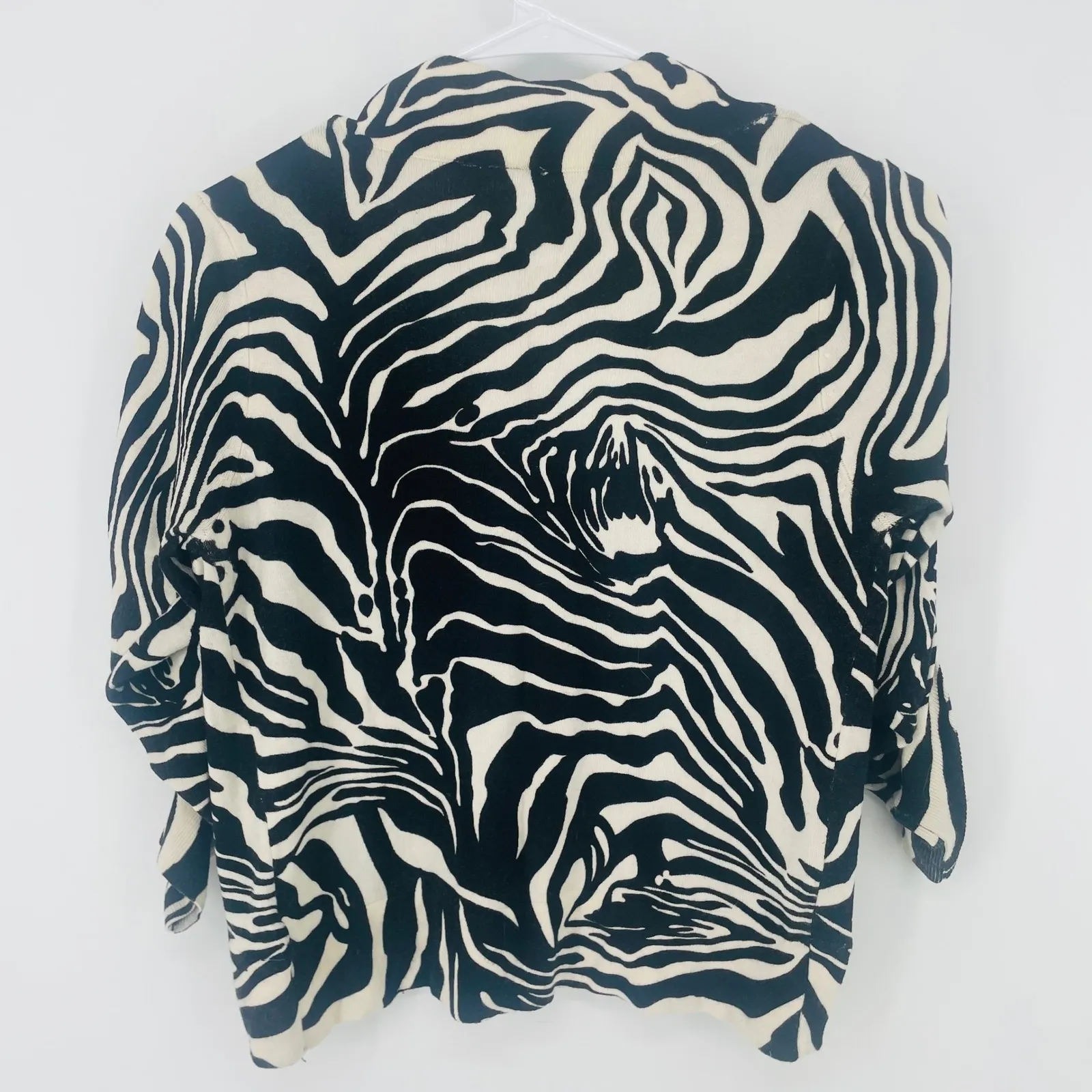 Shu Shu Zebra Print Open Front Cardigan Sweater Size S Ruched Sleeve Y2K Animal Black - Image 8