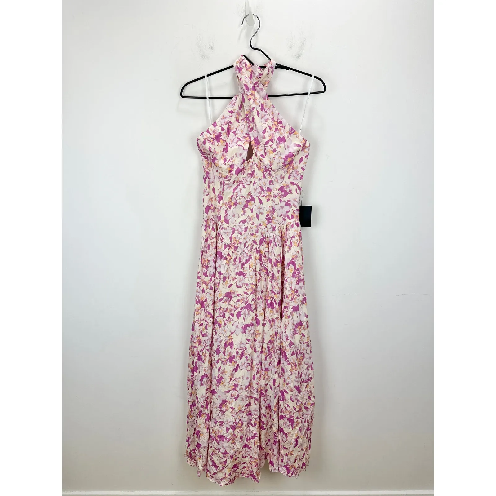 Lulus Jabina Ivory Multi Floral Cross Front Midi Dress Rayon A Line Small NWT - Image 5