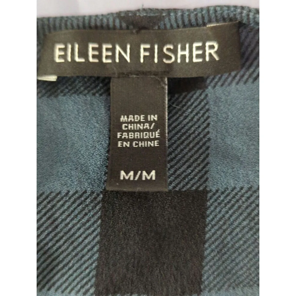 Eileen Fisher 100% Silk Blue & Black‎ Plaid Silk Tunic Top Women's Medium preppy - Image 6