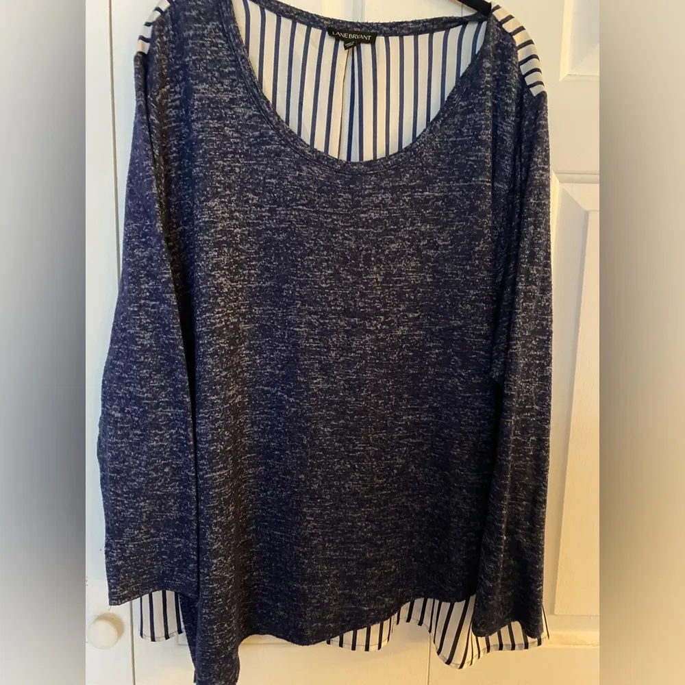 Lane Bryant Mixed Materials Blue and White Stripe/Solid Sweater, Women’s 22/24 - Image 2