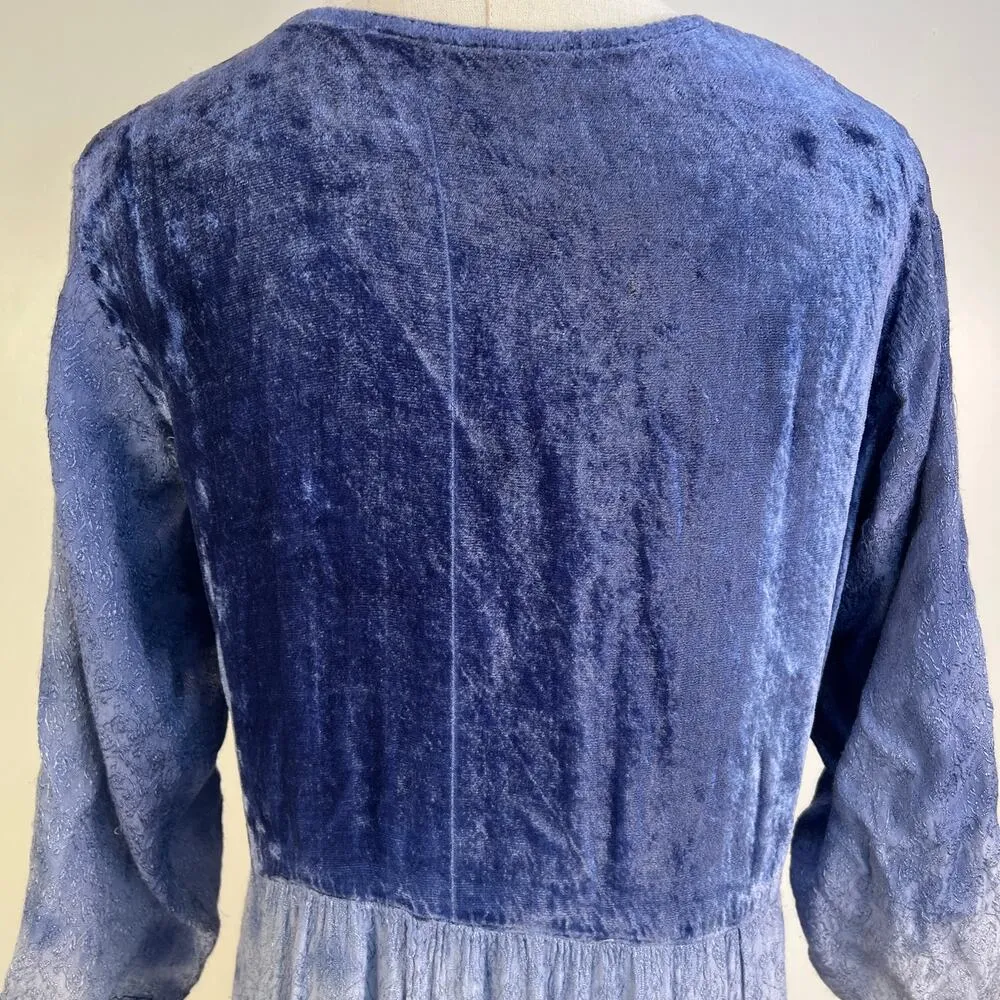 Vintage Velvet Midi Tiered Dress Blue Tie Dye Whimsical Size M - Image 8