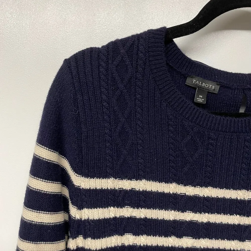 Talbots Womens Navy Blue Cream Striped Bell Sleeve Sweater Dress Bow Medium Warm - Image 5