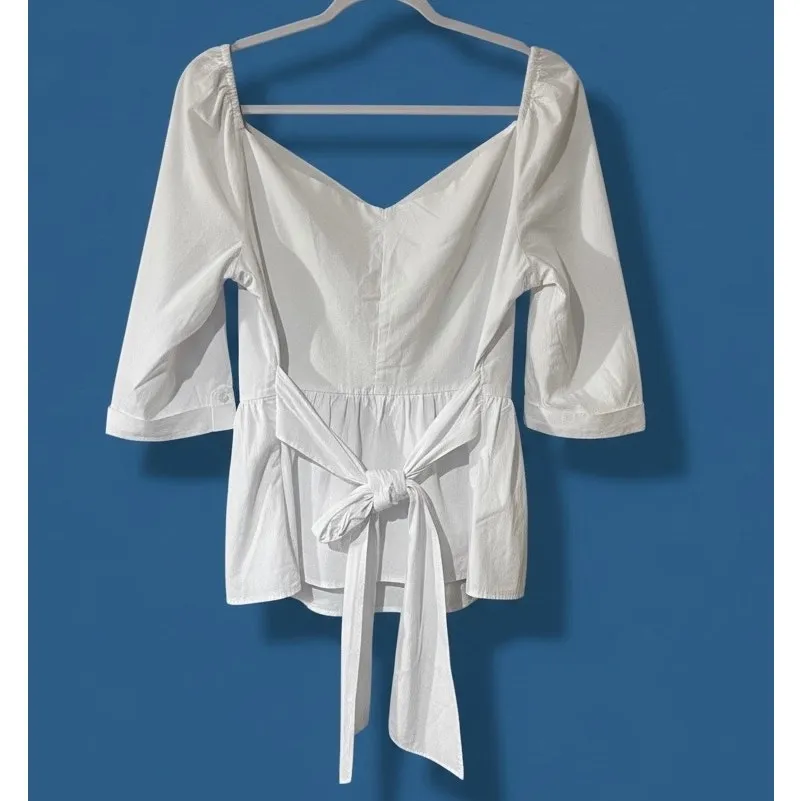 NY&C Top Peasant White Tie Back SZ LG 100% Cotton Double V Neck Peplum Boho - Image 6