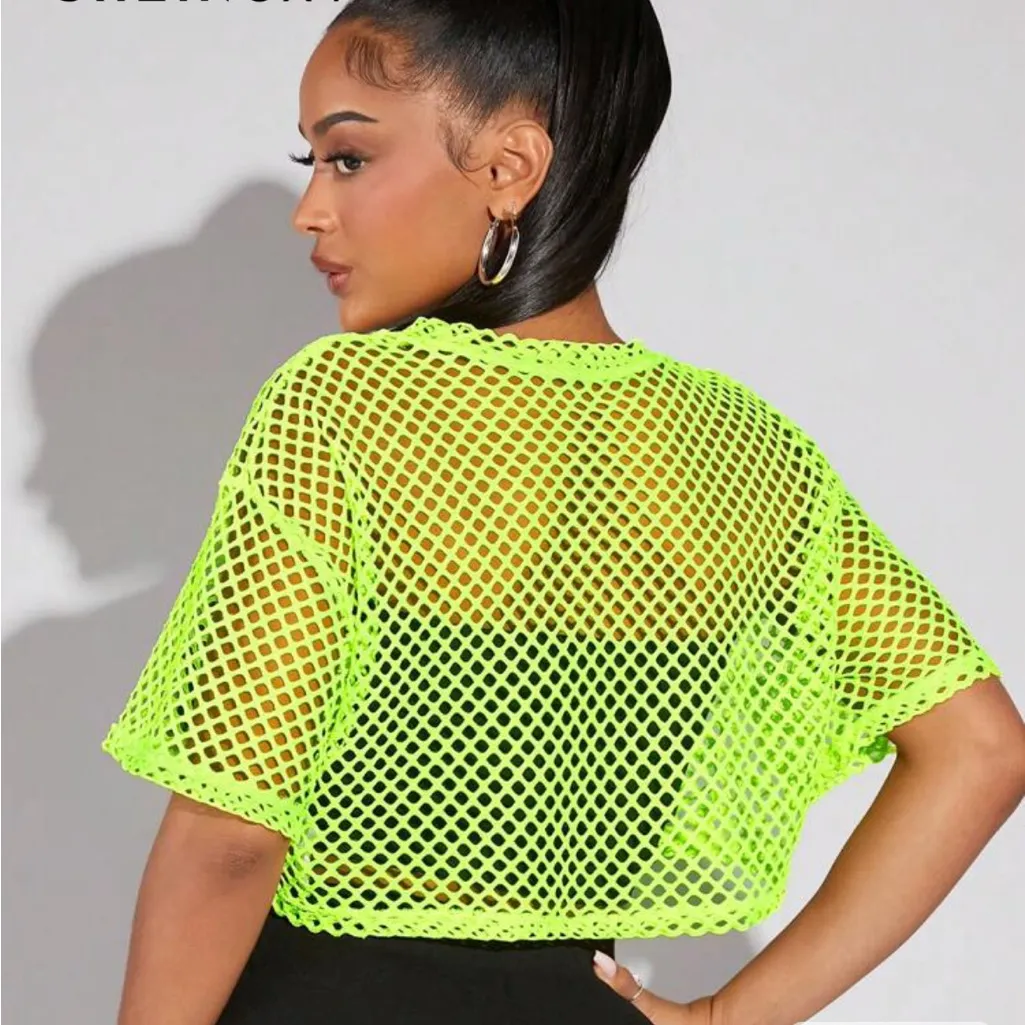 SHEIN Neon Yellow/Lime Green Cropped Mesh Top - Image 2