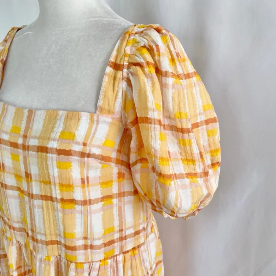 New ASTR Plaid Puff Sleeve Tie Open Back Tiered Midi Dress Orange Yellow Small - Image 8