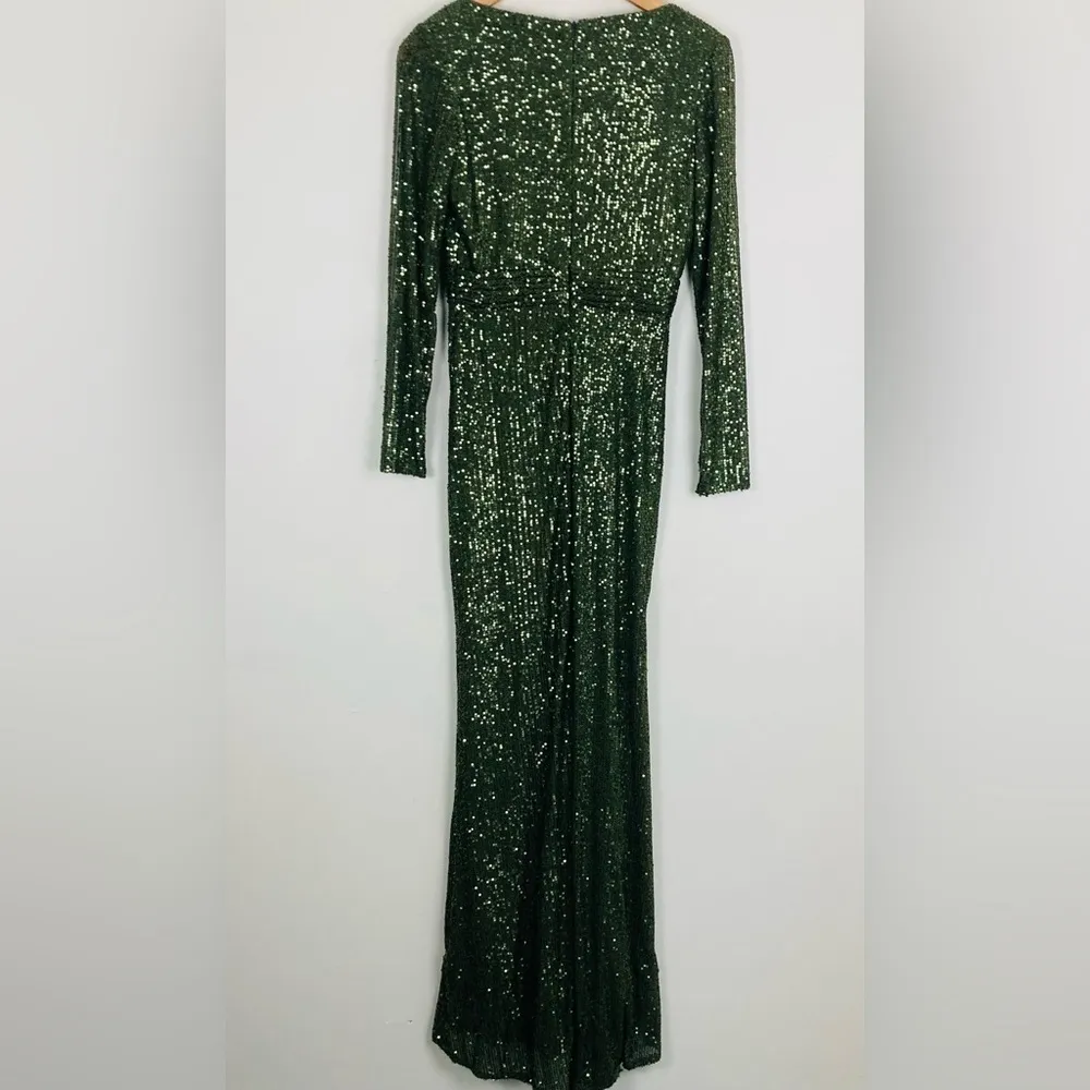 MacDuggal Ieena olive green sequin full length long sleeve high slit gown. 6 - Image 6