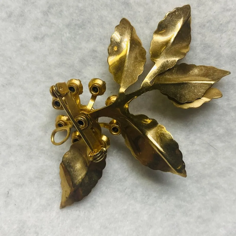 Gold Tone Brooch Pin Pendant Flower Shape Rhinestones Leaves Vintage READ Desc. - Image 3