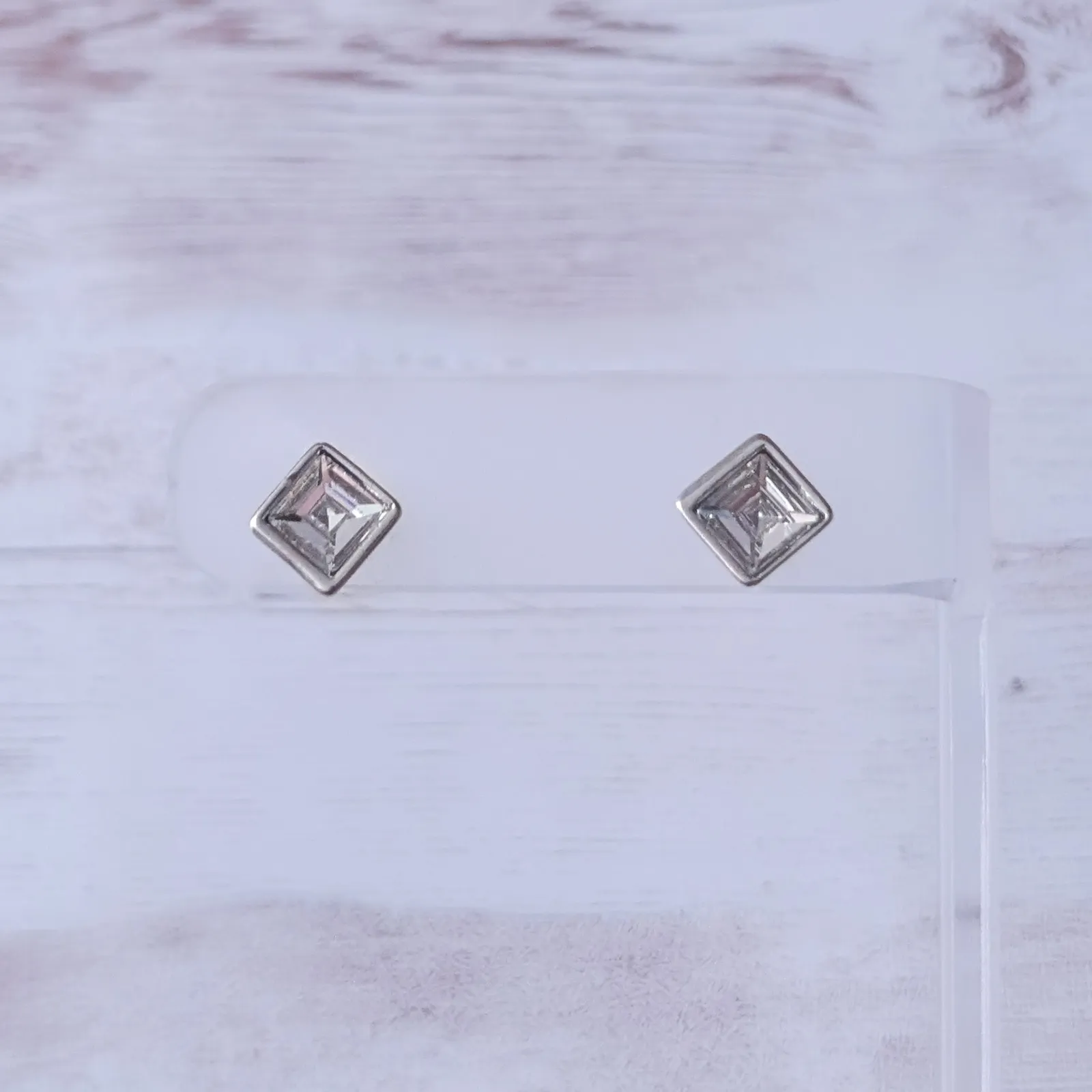 Vintage Stud Earrings Diamond Shape/Square Shape Silver Tone - Image 2