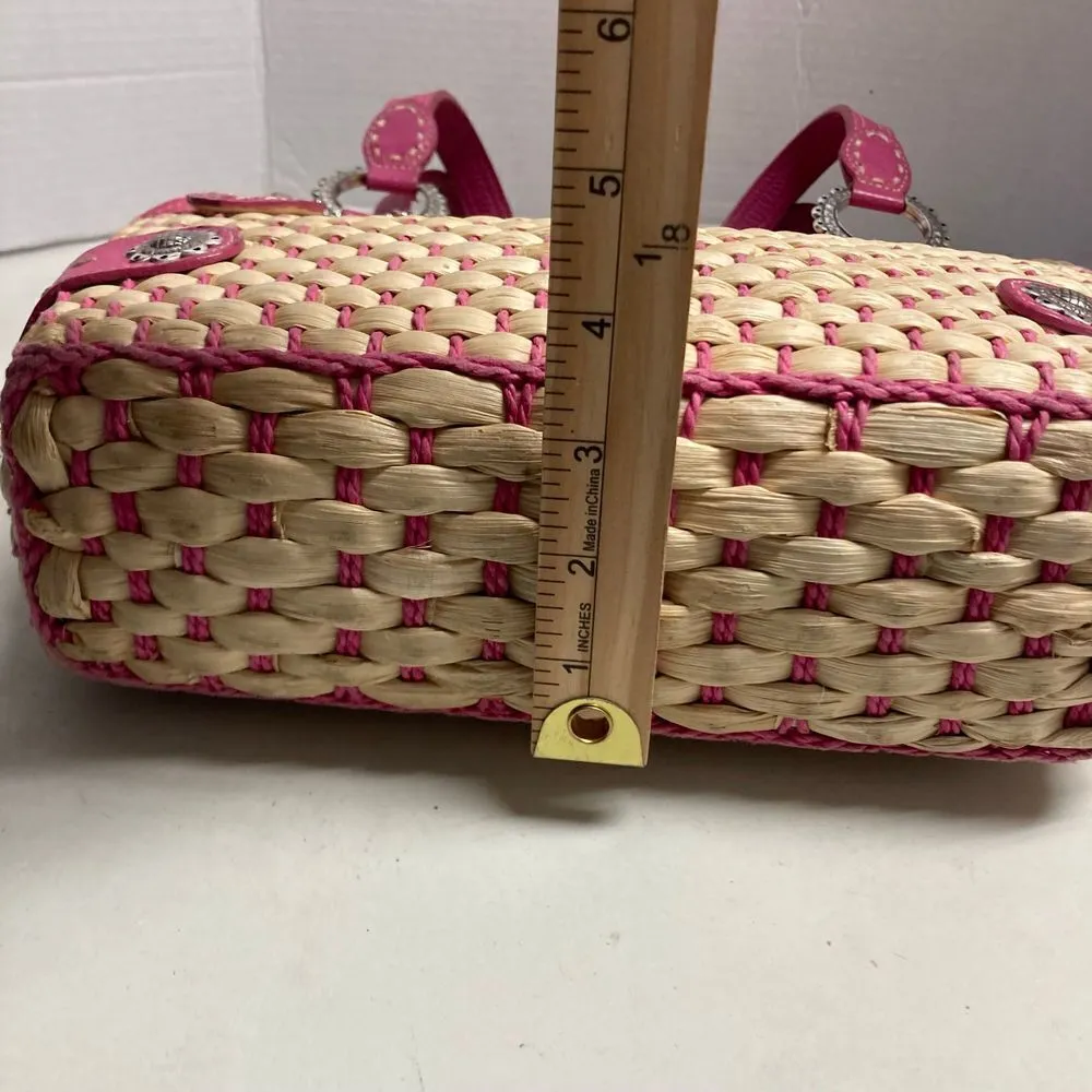 BRIGHTON‎ Tan & Pink Basketweave Handbag Satchel Purse 15X3.75X10 - Image 7