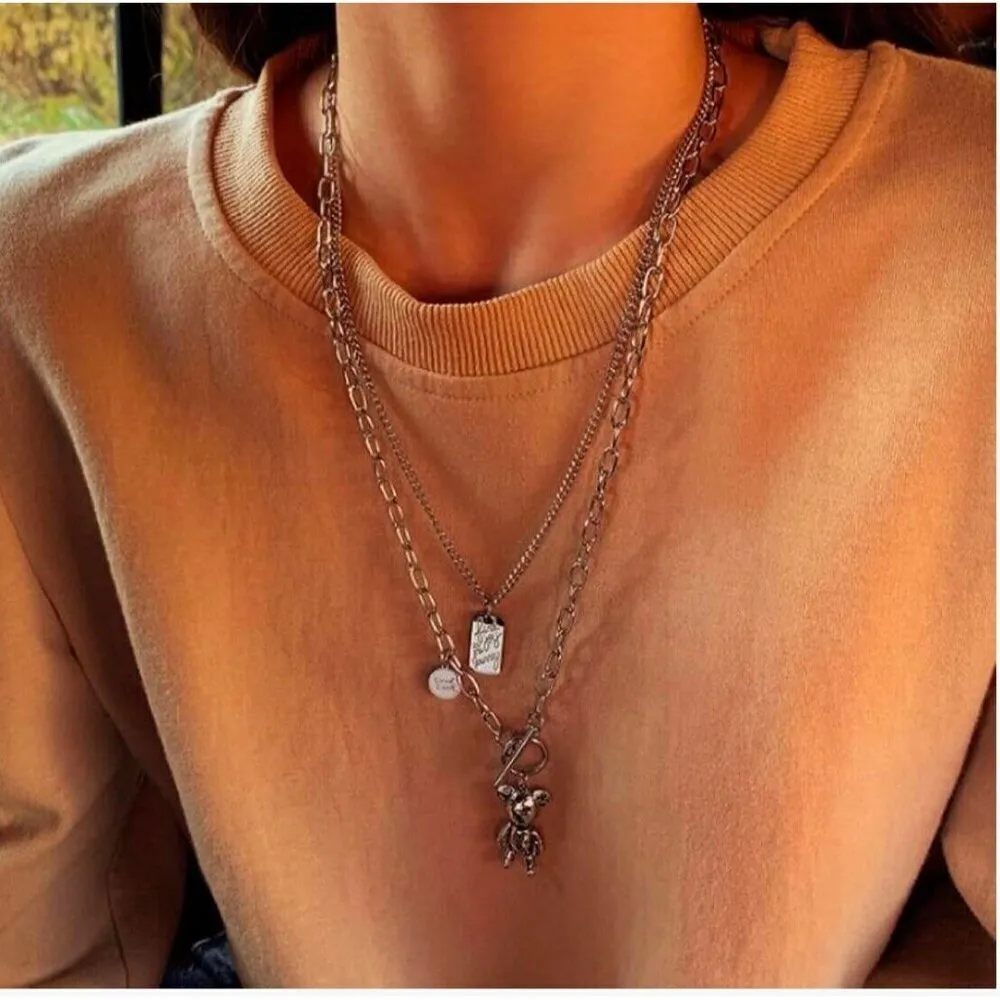 Punk Stainless Steel Teddy Bear Pendant Long Necklace Womens Jewelry 27” Silver - Image 6