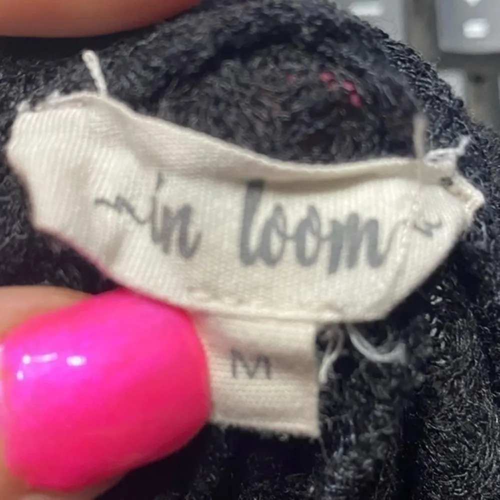 In Loom  Black Thermal Waffle Knit Top Boho Patchwork Print Balloon Sleeves M - Image 6