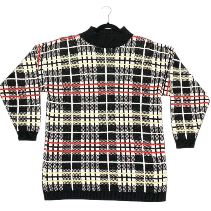 Vintage Windowpane Plaid Grandpa Sweater Black Red Gold Sparkle Eclectic Size L Size L - Image 7