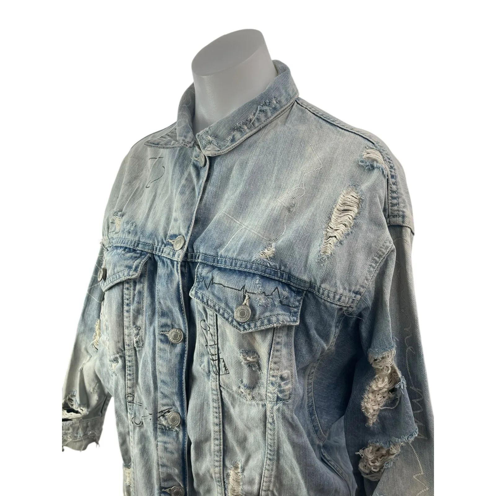 Zara Women's Blue Oversized  Distressed Graffiti Long Sleeve Denim Jean Jacket S - Image 3