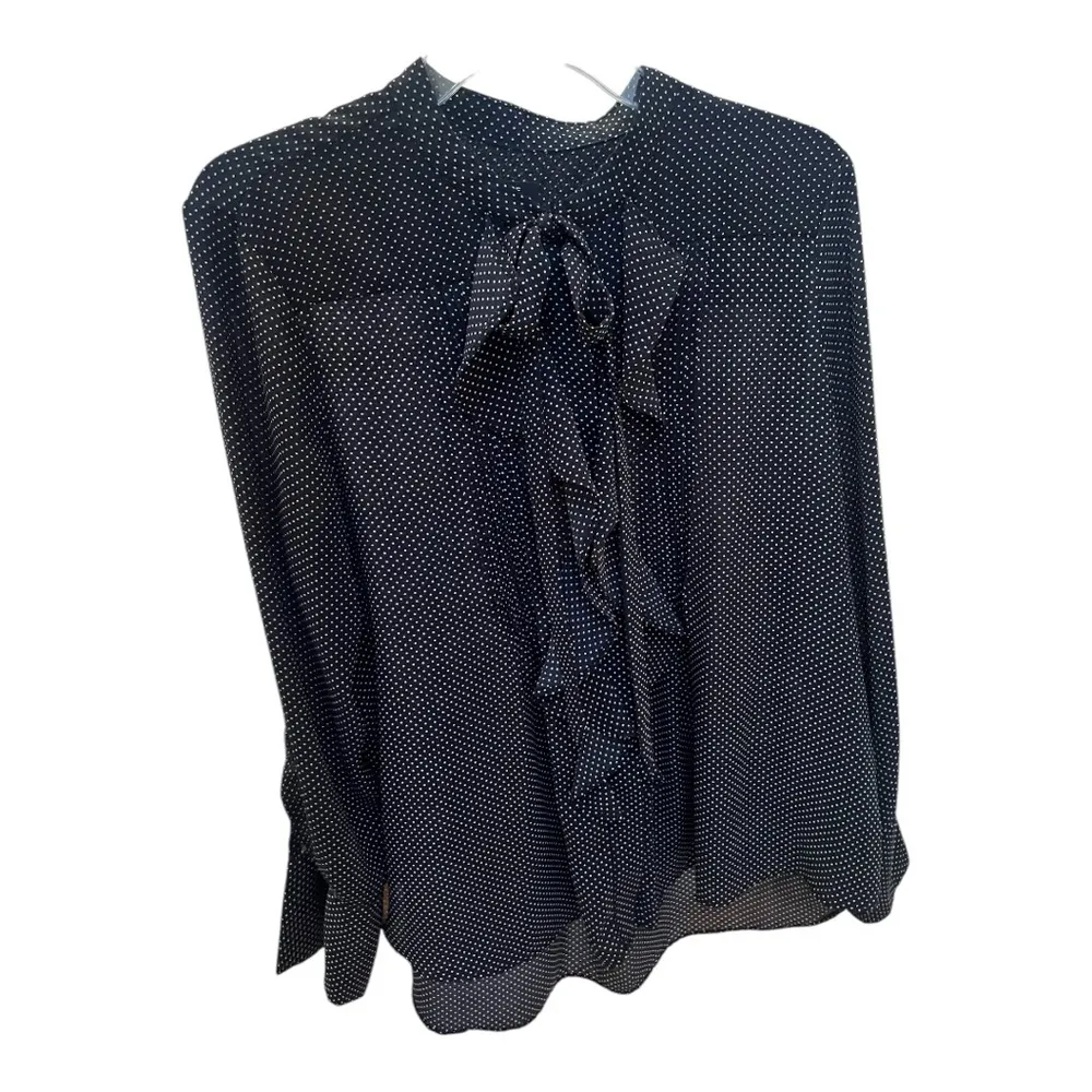 Black Ruffled Tie Front Blouse with Mandarin Collar Large - Image 4