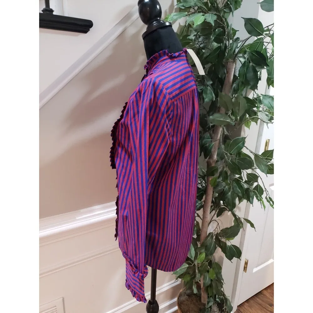 J. Crew Red & Blue Striped Long Sleeve Ruffle Trim Tuxedo Top Blouse XS - Image 4