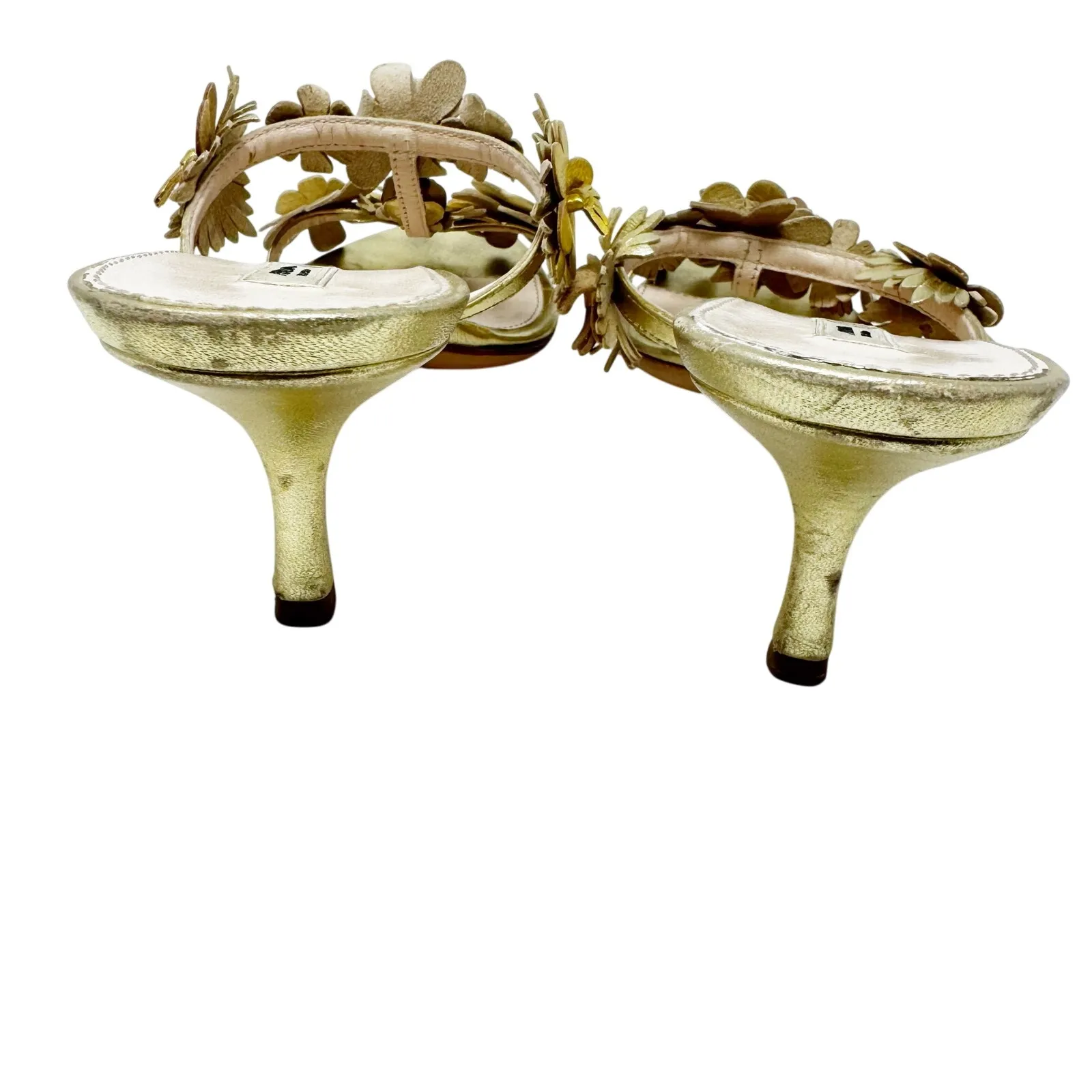 Vintage Prada Gold Leather Floral Embellished Kitten Heels Sandals 37 - Image 9
