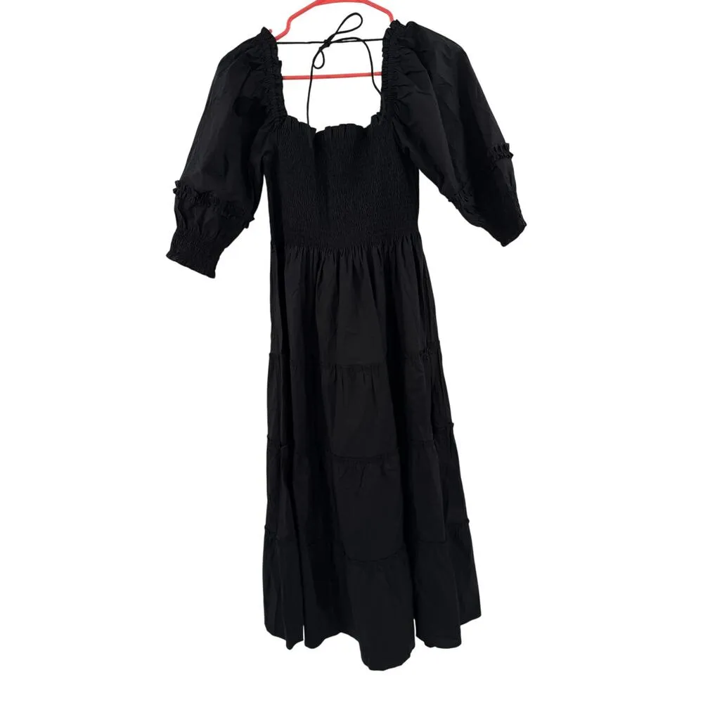 Hill House Nesli Nap Dress Size Extra Small NWT Black Smocked Midi Tiered A - Image 15