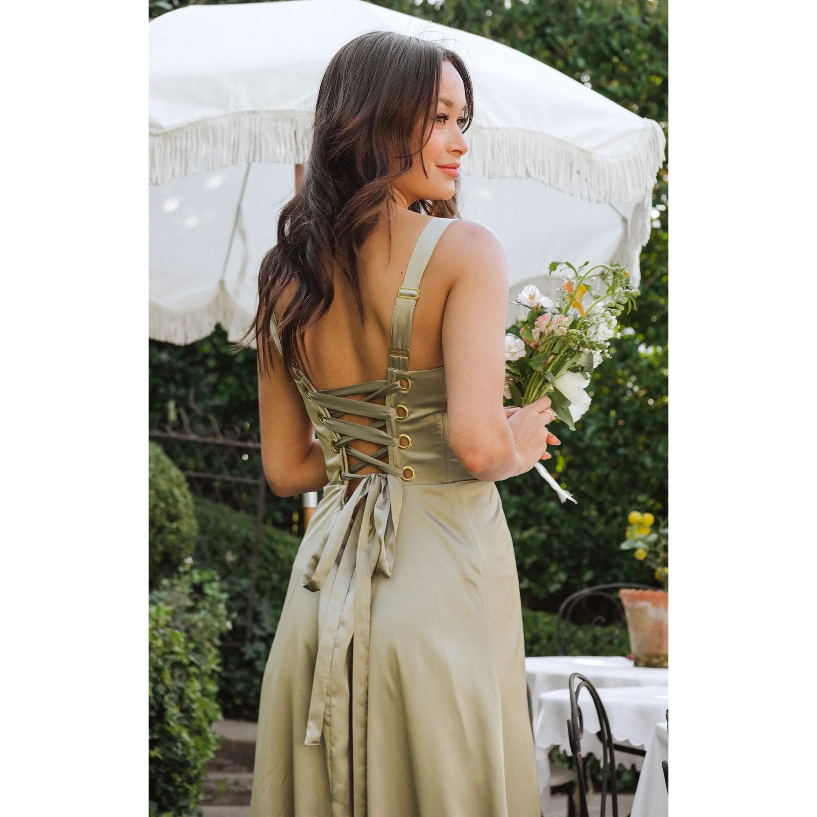 Show Me Your Mumu Clarissa Corset Dress in Moss Green Luxe Satin XS - Image 2