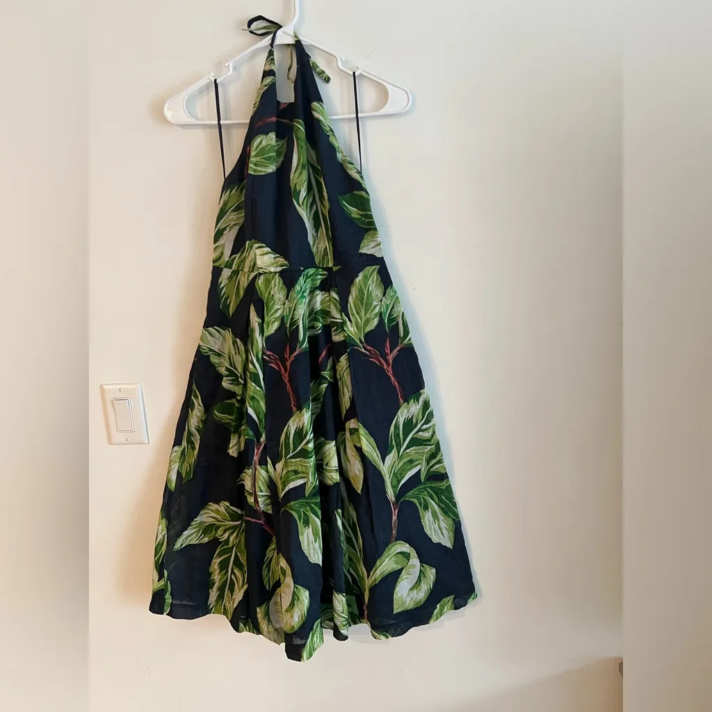 Ann Taylor Petite 0P Halter Midi Dress Navy Green Leaf Print Tropical Summer - Image 7