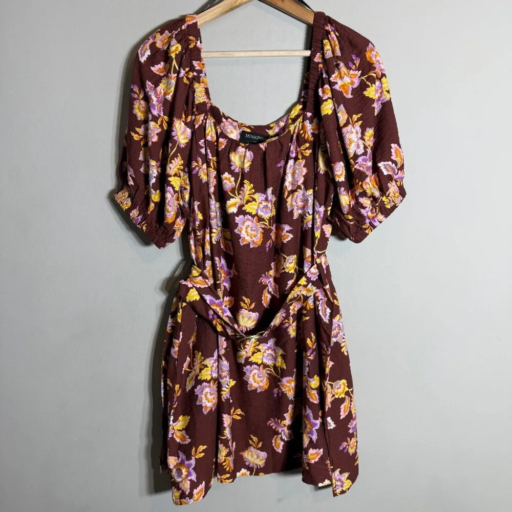 MINKPINK Giselle Belted Floral Mini Dress Women's Large Brown Puff Sleeve NWT - Image 7