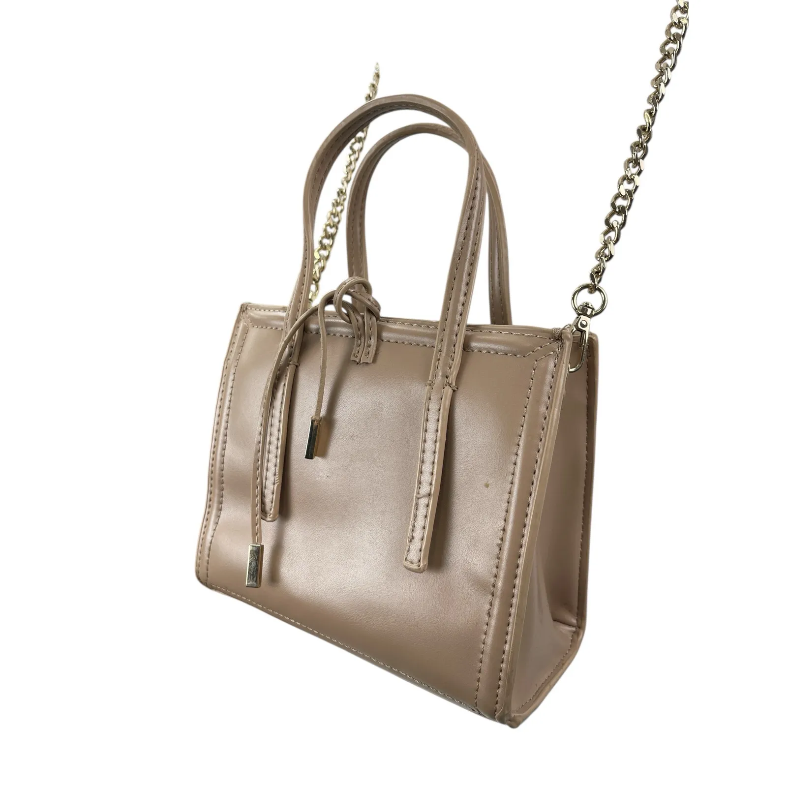 Zara Mini City Beige Faux Leather Vegan Chain Crossbody Bowling Satchel Bag - Image 2