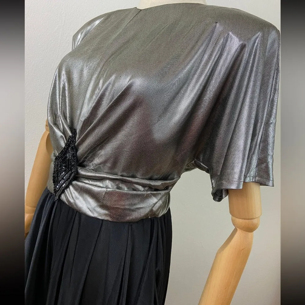 VTG 80s Indie Sleaze Art Deco Disco Silver & Over Drop Jersey Party Dress 12 Black Size 10 - Image 8
