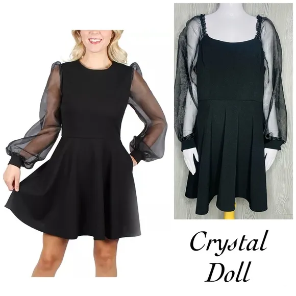 Crystal doll sheer long illusion sleeve short black dress Witchy size xl - Image 2