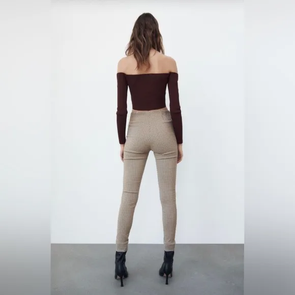Zara Women’s Gingham Fitted Side Zip Trousers in Black/Brown/White Size L - Image 2