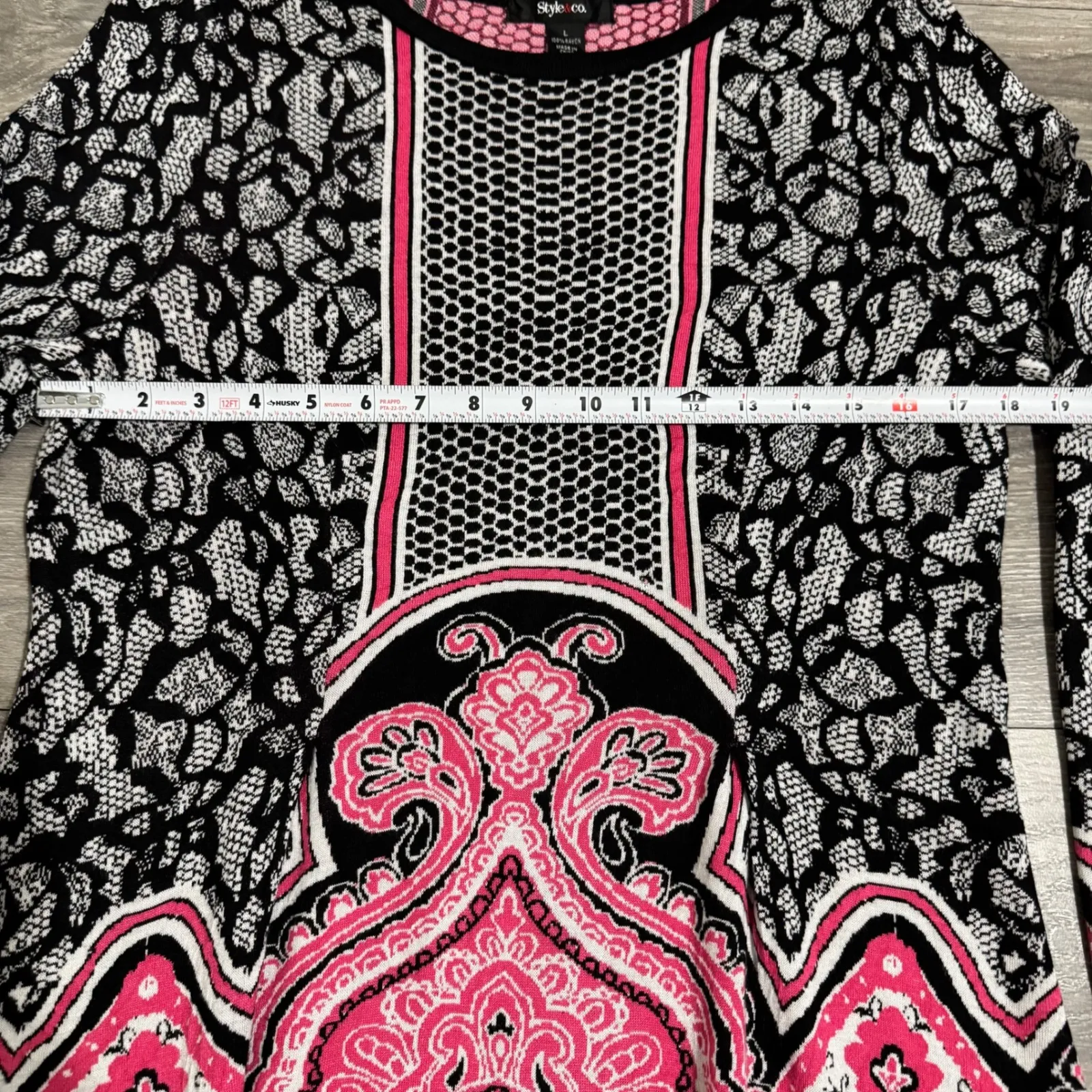 Style & Co Black Pink Paisley Print Long Sleeve Knit Stretchy Dress Boho Size L - Image 9