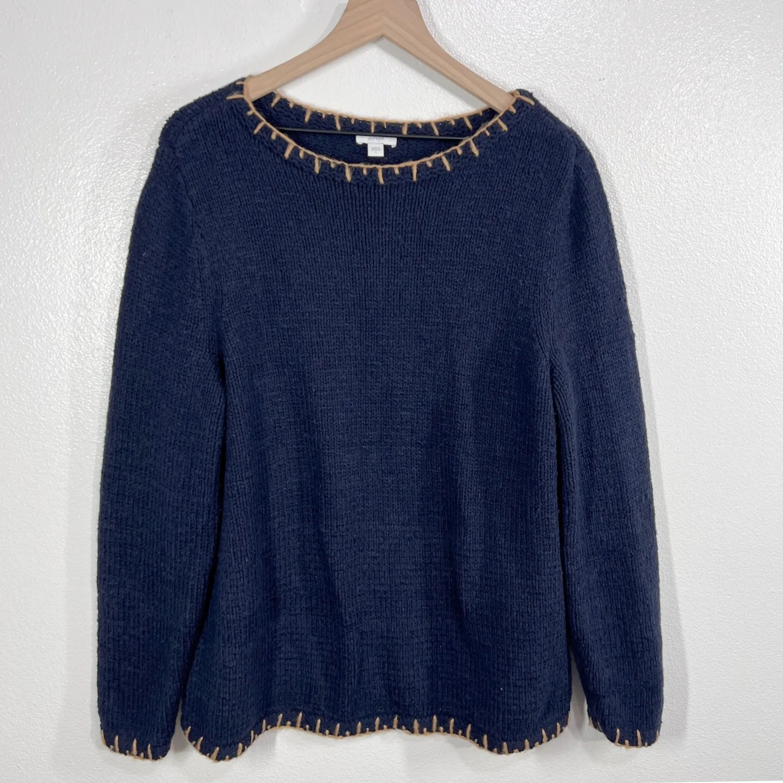 Pure Jill Women's‎ Large Navy Blue Knit Sweater Whipstitch Trim Cotton Blend - Image 2