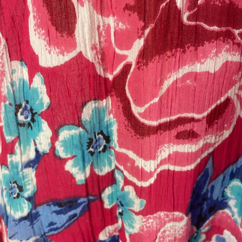 CW Classics Tiered Midi Dress Floral Tropical Cinch Tie Waist Cotton Large Vtg Blue - Image 8