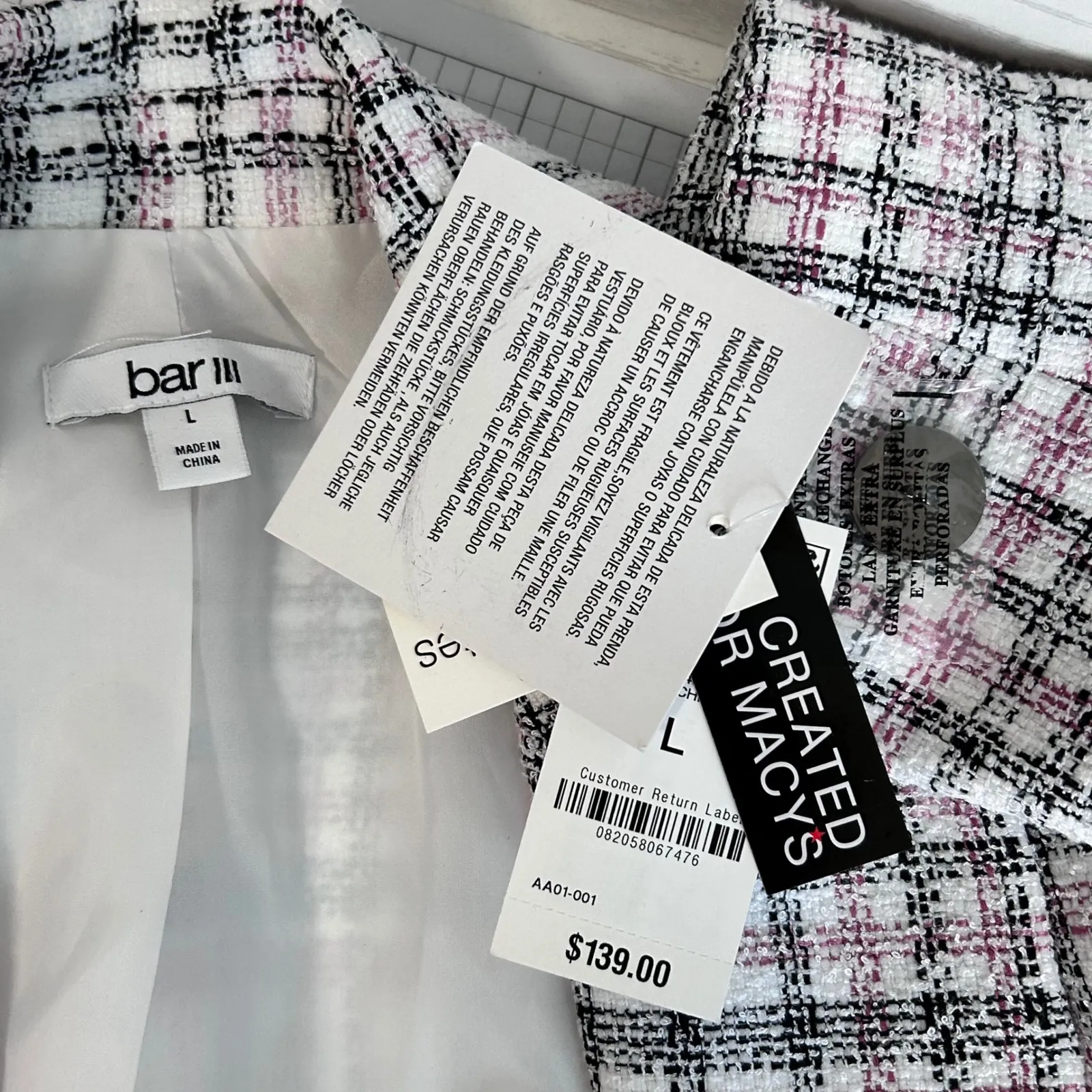 Bar III Blazer Jacket Women Large White Black Pink Plaid Double Button Tweed - Image 9