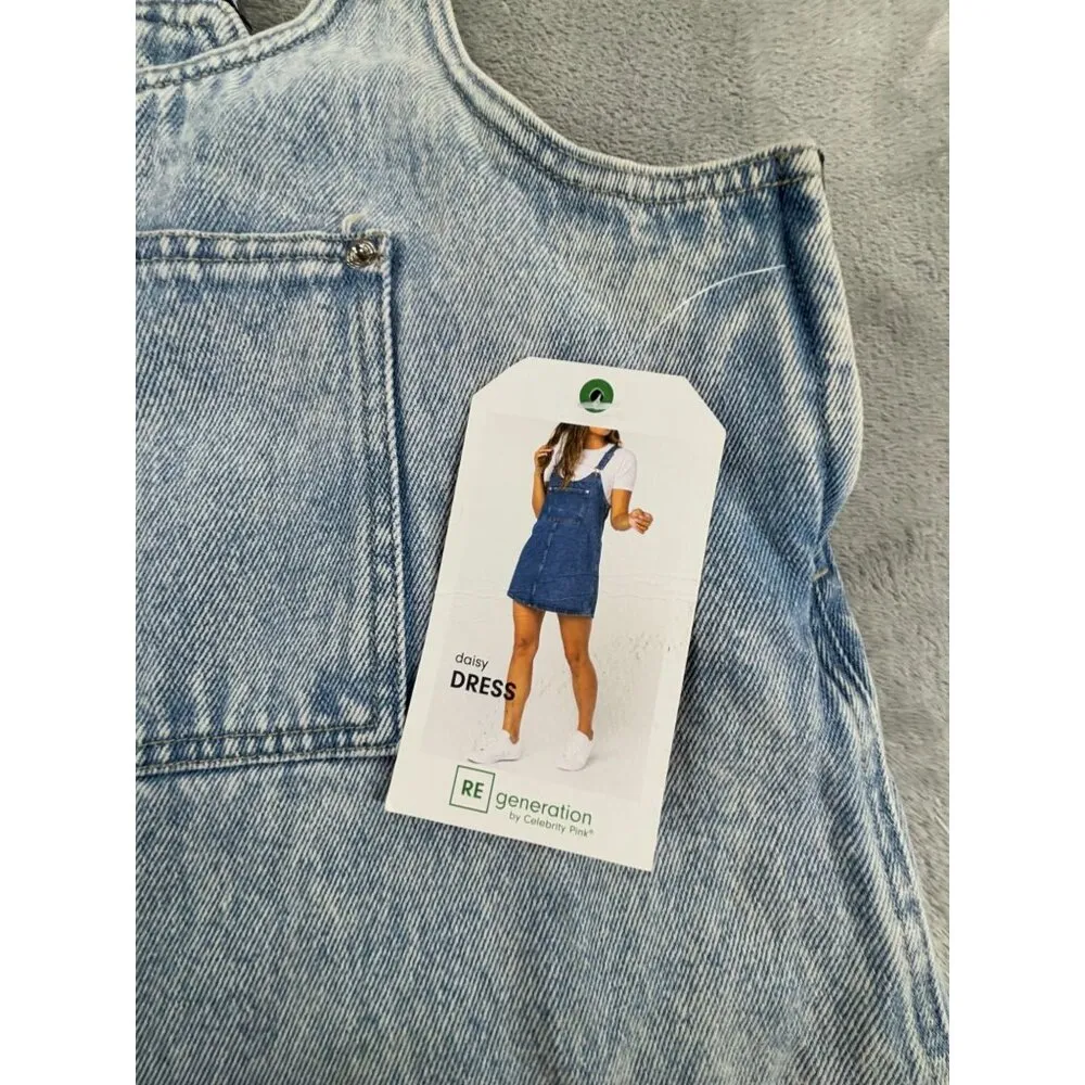 Regeneration By Celebrity Pink Daisy Dress Overall Denim Jumper Womens XS - Image 2