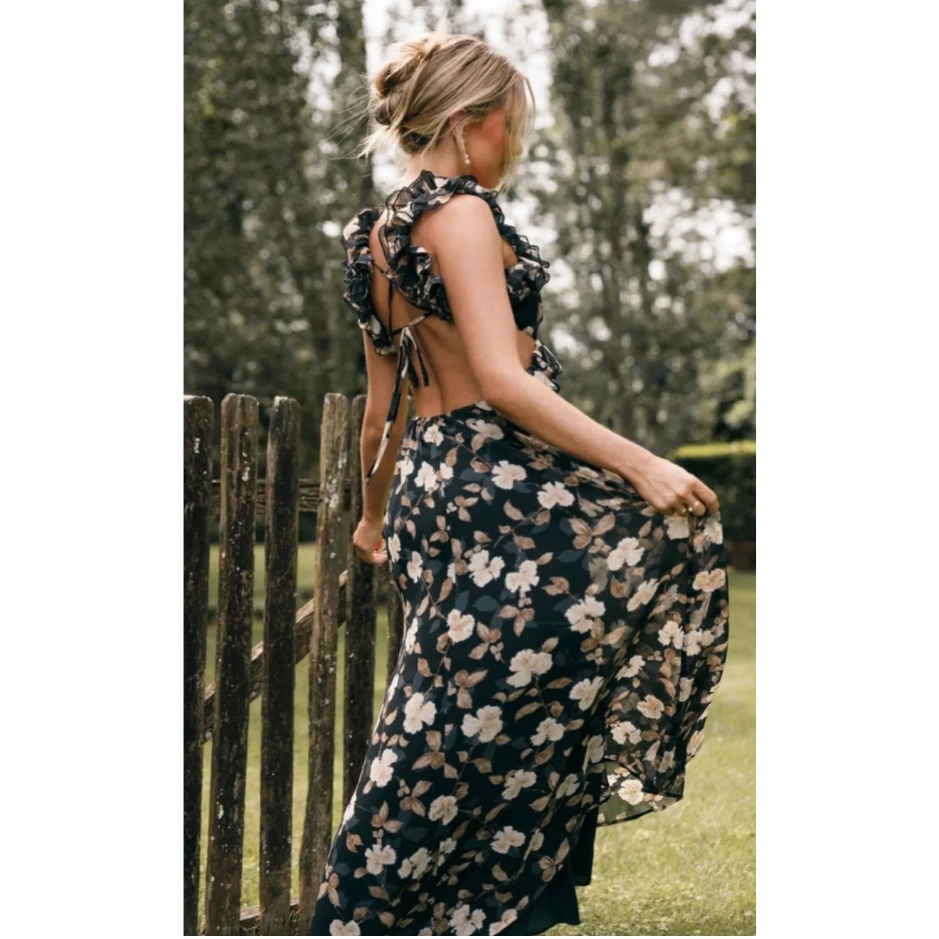 Petal & Pup Lucah Dress Size Large Frill Floral Maxi Wedding Formal Cocktail Blk - Image 2