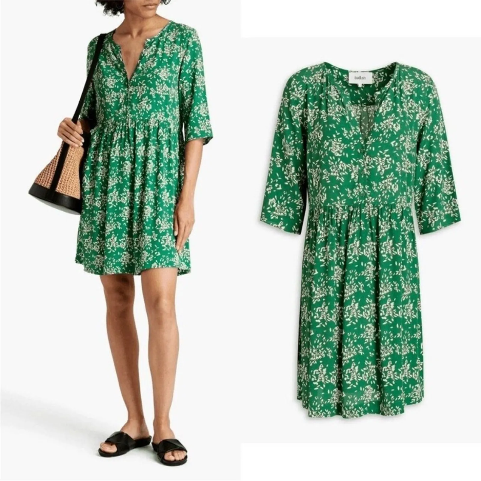 BA&SH Vlada mini dress floral green Sz Small festival boho chic babydoll style - Image 9