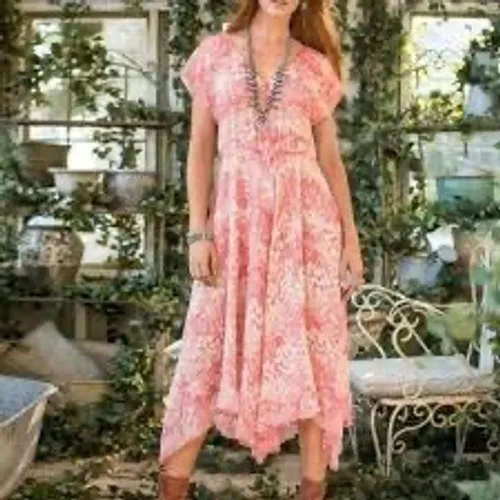 Sundance‎ Silk Dress Womens 6 Floral Print V Neck Handkerchief Hem Summer Boho - Image 2