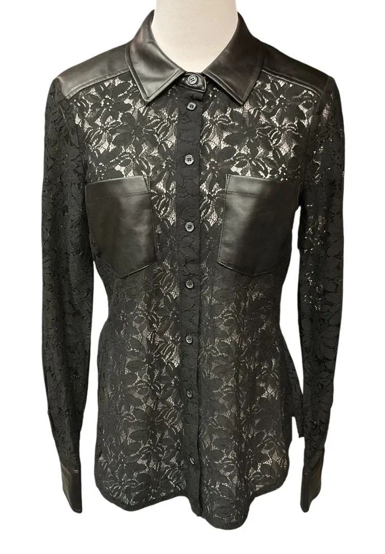 Central Park West Floral Lace Collared Button Front Long Sleeve Top Size M NWT - Image 1