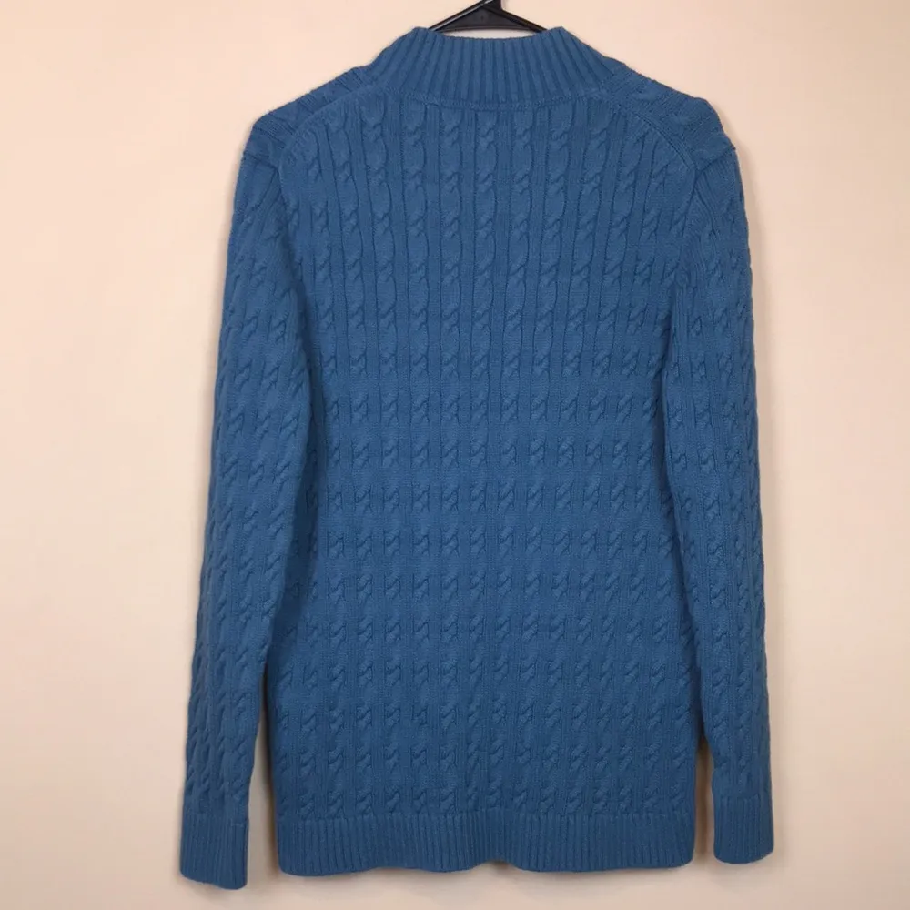 L.L. Bean Women’s Chunky Cable Knit Blue Split Neck Long Sleeve Sweater - Image 5