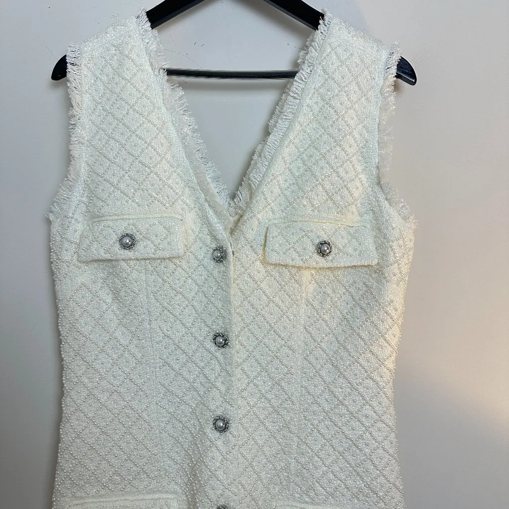 Anthropologie BHLDN Ella V-Neck Pearl Tweed Mini Dress in White Size Medium - Image 6