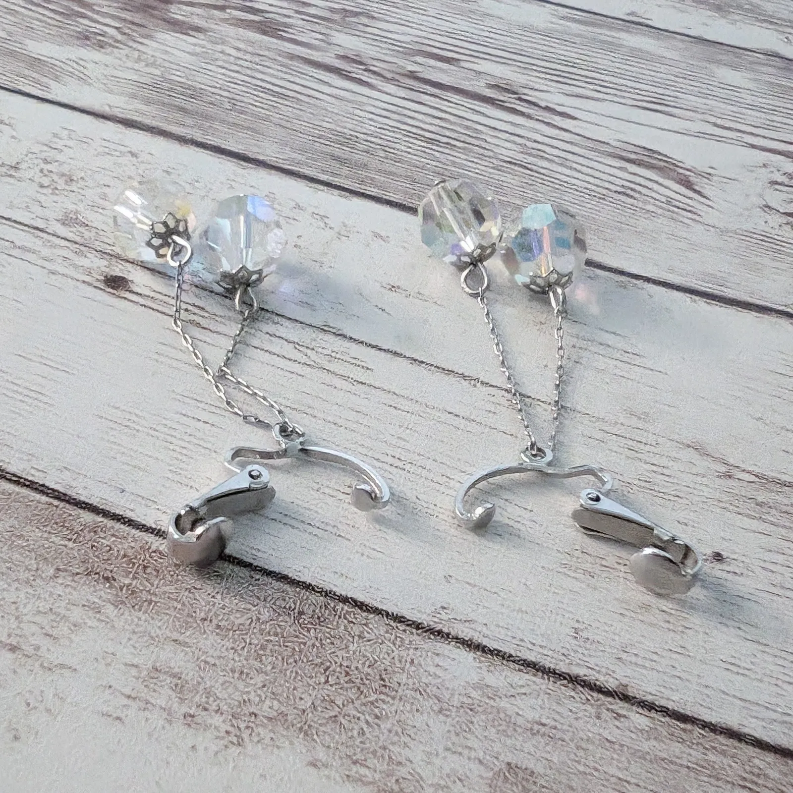 Vintage Clip On Earrings Extra Long Statement Iridescent Dangle - Image 4