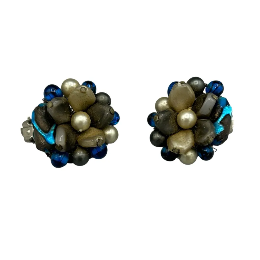 Vintage Made in Japan Blue Glass Bead Cluster Clip On Earrings Mid Century - Image 2