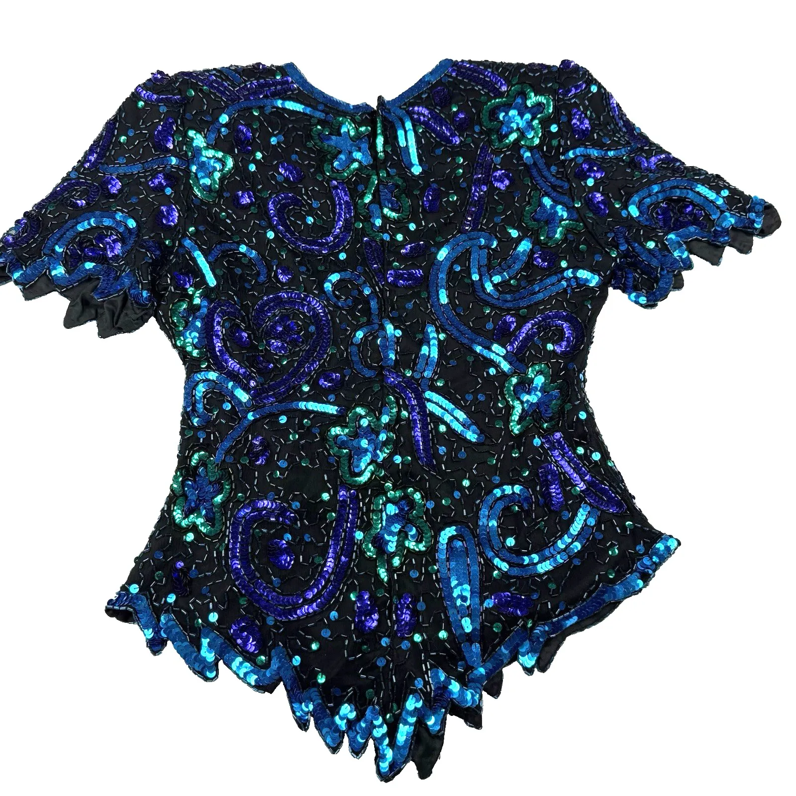 Laurence Kazar Size Medium Silk Top Heavily Beaded Blue Teal Black Made in India - Image 5