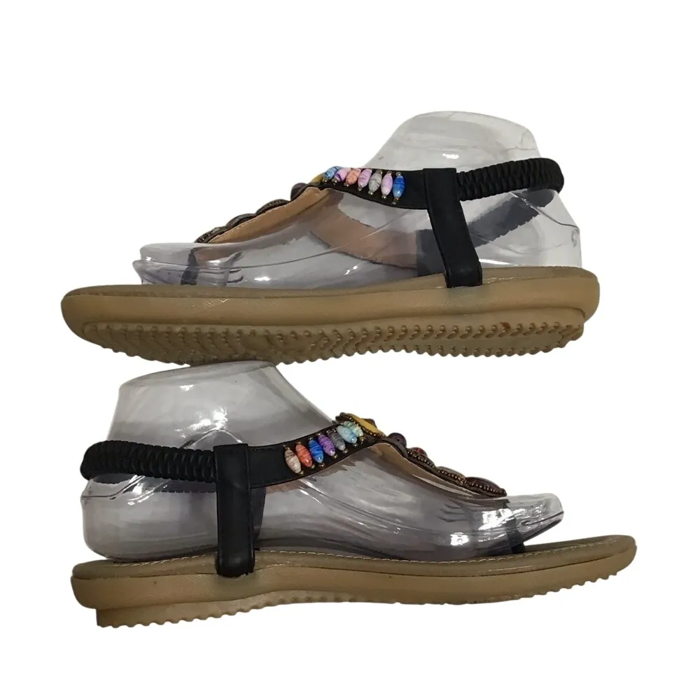 Siketu Womens Brown Flat Ankle Thong Sandals‎ With Top Multicolor Stones Size 8 - Image 3