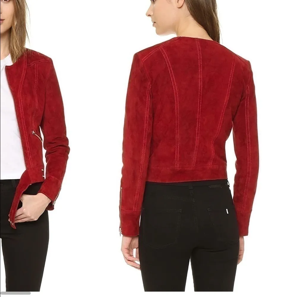IRO Tatiana Red Suede Leather Jacket Silver Zippers Buckle Belt Fall Size 8 (40) - Image 6