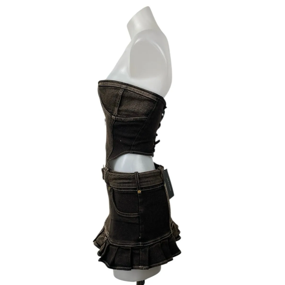 NEW Outcast Wynn Brown Metallic Strapless Bandeau Cutout Mini Denim Dress Sz XS - Image 2