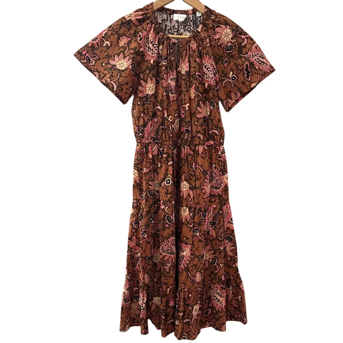 A.L.C. Mischa Boho Poplin Cotton Printed Midi Dress in Cognac & Coral Size 2‎ - Image 9
